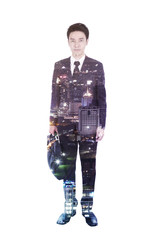 Double exposure of business man with briefcase against the city isolated on white