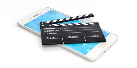 Fototapeta na wymiar Movie clapper on a smartphone - white background. 3d illustration