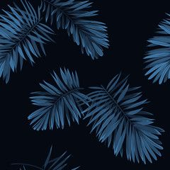 Obraz premium Seamless vector indigo blue pattern with monstera palm leaves on dark background. Summer tropical fabric design.