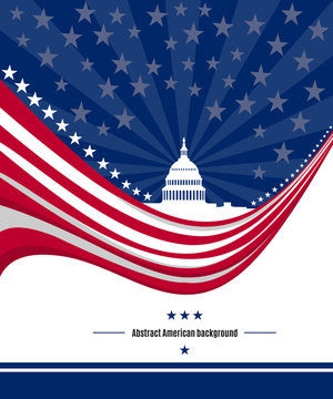 Patriotic American background with abstract USA flag and White house and Capitol building Washington DC symbol. Vector illustration