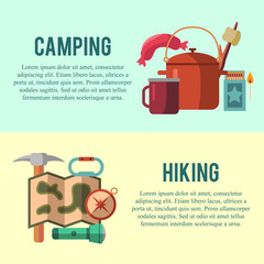 Camping flat set with hiking equipment vector illustration