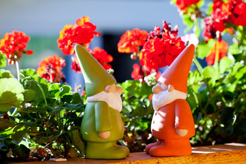 Garden gnomes and geraniums on balcony