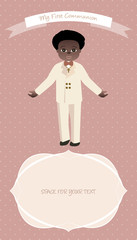 Cute boy wearing celebration clothes. My first communion celebration reminder. Vector illustration.