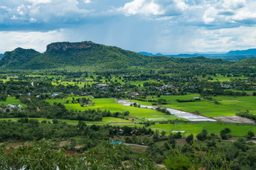 Fototapeta na wymiar Thailand landscape of rural city and mountain under the cloudy sky,process color