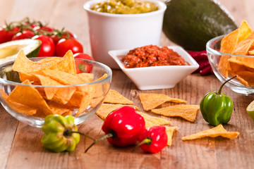 Guacamole and nacho chips. 