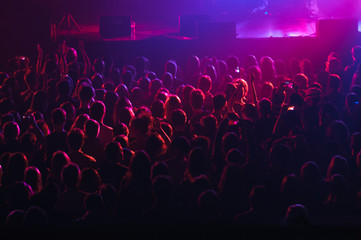 Fototapeta na wymiar The crowd during a performance dj in a nightclub