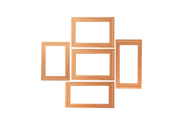 Group of blank wood picture frame on white background wall with copy space