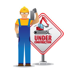 man worker with yellow jumpsuit and yellow helmet holding brick in front of under construction sign, vector illustration