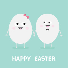 Happy Easter Egg couple family looking on each other. Smiling face. Bow tie. Cute cartoon character set holding hands. Boy and girl Friends forever Love Greeting card Flat design Blue background.