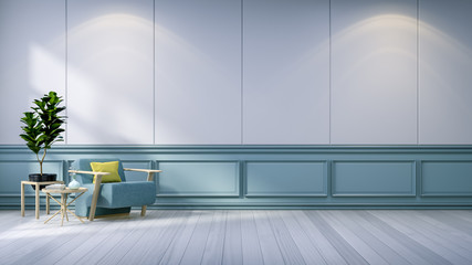 Minimalist room interior,blue armchair  and  plant on  white wall  /3d render