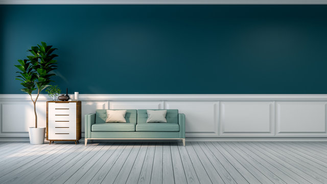 Minimalist room interior,blue sofa with plant and  wood cabinet on white flooring and  green wall  /3d render
