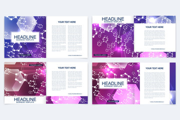 Templates for square brochure. Leaflet cover presentation. Business, science, technology design book layout. Scientific molecule background