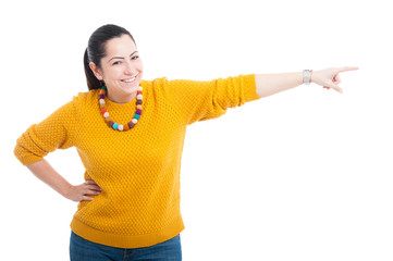 Happy female pointing or indicate something