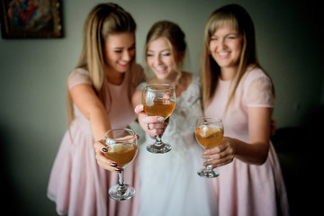Bride and bridesmaids in pink dresses hold glasses with apple juice