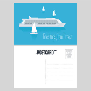 Postcard from Greece vector illustration with cruise liner in Mediterranean sea