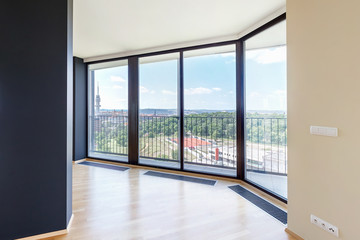 Modern white empty loft apartment interior, living room, hall, ace panorama, Overlooking the metropolis city