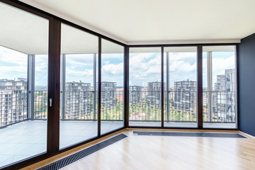 Fototapeta premium Modern white empty loft apartment interior, living room, hall, ace panorama, Overlooking the metropolis city