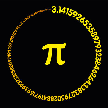 Golden number Pi. Hundred digits of the constant forming an orange-yellow colored circle. Value of infinite number Pi accurate to ninety-nine decimal places. Illustration on black background. Vector.