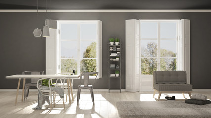 Scandinavian living room with big windows, garden panorama in background, minimalist white and gray interior design