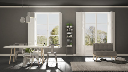 Scandinavian living room with big windows, garden panorama in background, minimalist white and gray interior design