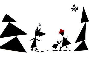 An abstract illustration of the red riding hood story with black and red triangles on a white background