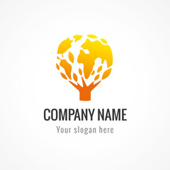 Globe tree vector logo. Environmental or green energy sign, global business branding identity, natural products idea. Tree of life. Earth in the shape of leaves.