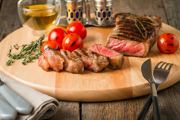 Sliced medium rare grilled Beef steak Ribeye