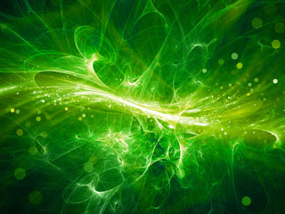 Obraz premium Zielone świecące wysokoenergetyczne pole plazmowe w przestrzeni z cząstkami