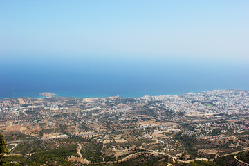 Fototapeta na wymiar Travel to North Cyprus, overlooking the city of Kyrenia from the observation deck of the old Castle of St. Hilarion with the Museum