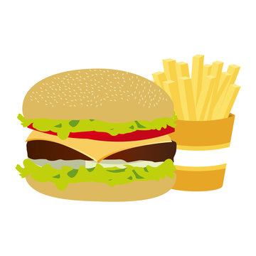 Colorful Silhouette With Burger And French Fries Vector Illustration