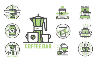 Coffee badge logo food design thin line lettering for restaurant, cafe menu coffee house and shop element beverage label sticker vector illustration.