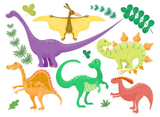 Cartoon dinosaurs vector illustration isolated monster animal dino prehistoric character reptile predator jurassic fantasy dragon leaf