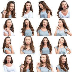 woman portrait isolated over white background. Collage