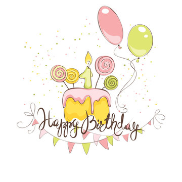 Happy Birthday in pink color / Funny vector illustration with cake