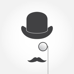 Hat, monocle, mustache. Old fashioned gentleman accessories icons set. Vintage style. Vector illustration.