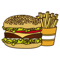 color figure with burger and french fries vector illustration