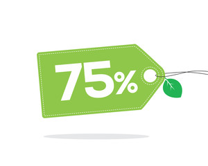 Green price tag label with 75% text and stitches on it and with a leaf and shadow isolated on white background. For spring and summer sale campaigns.