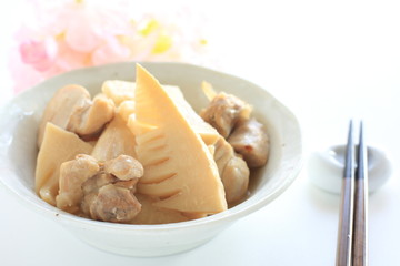 Japanese spring food, bamboo shoots and chicken simmered