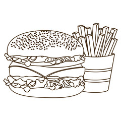 monochrome contour with burger and french fries vector illustration