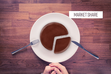 Market share - marketing business concept. Business visual metaphor - businessman with plate and pie chart with imitation of a chocolate cake and snippet with text Market Share.