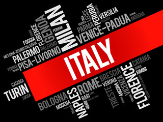 List of cities in Italy, word cloud collage, travel concept background