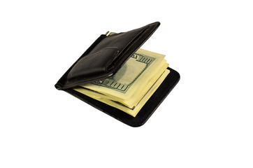 Money clip with one hundred dollars banknotes isolated on white