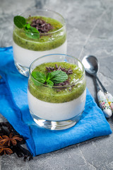Fruit dessert green panna cotta