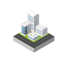 Isometric 3D icon city urban area with a lot of houses and skyscrapers, streets, trees and vehicles