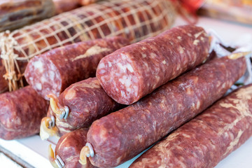  fresh selfmade sausage on farmers market