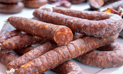 fresh selfmade sausage on farmers market