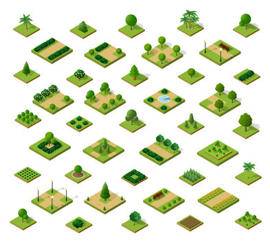 Set Of 3D Isometric Urban Parks. City Natural Ecological Landscapes Of Town Infrastructure. 