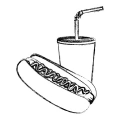 monochrome sketch of soda with straw and hot dog vector illustration