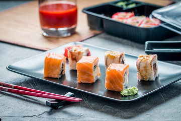Set of salmon eel sushi rolls