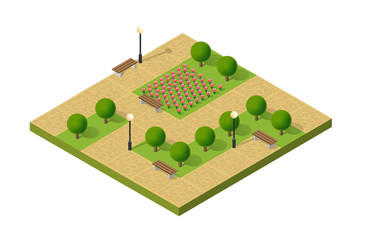 Natural ecological landscape isometric icon. City natural ecological sign of town infrastructure trees, lawns, garden paths and benches